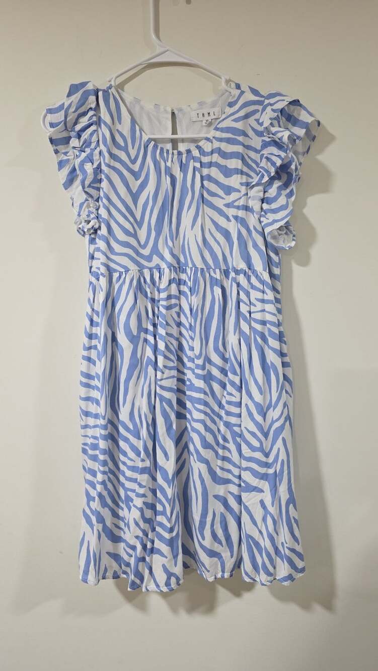THML Blue and White Zebra Print Ruffle Flutter Sleeve Empire Waist Mini Dress